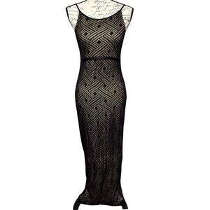 Vintage Cache Mesh Overlay Maxi Dress Size S Black Nude Lining Column Gown